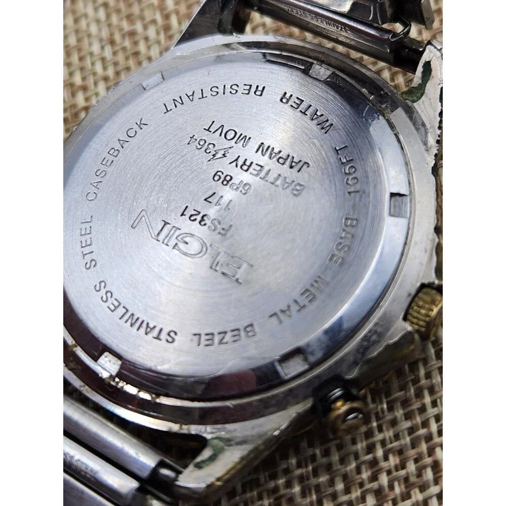 ELGIN FS321B Chrono Day/Date/Month Two-Tone Unisex Wristwatch New Battery